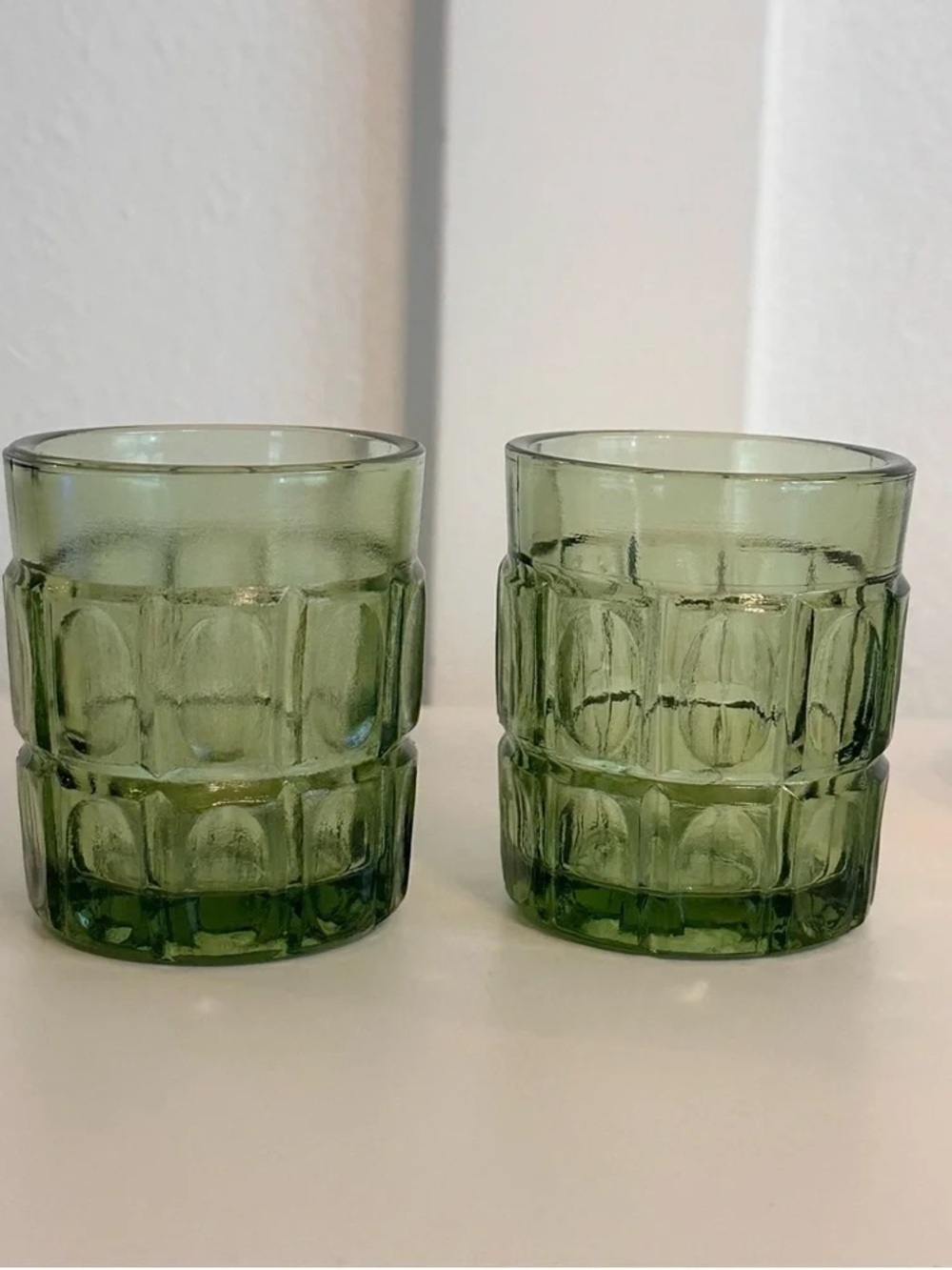 Green Textured Glass Tumblers - Pair